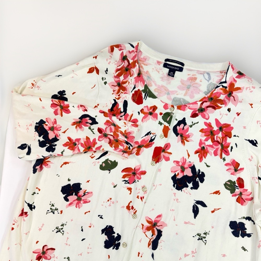 Lands' End Women's 3X Floral Button Front Cardigan Sweater Supima Cotton Cottage - Picture 2 of 9
